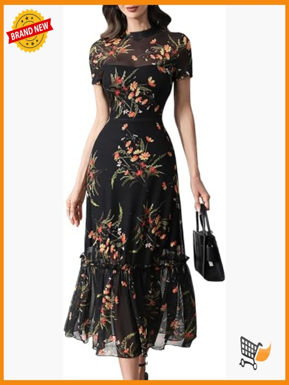 Floral Mesh Ruffle Dress Short Sleeve Round Neck Waist Cinched Maxi Wedding